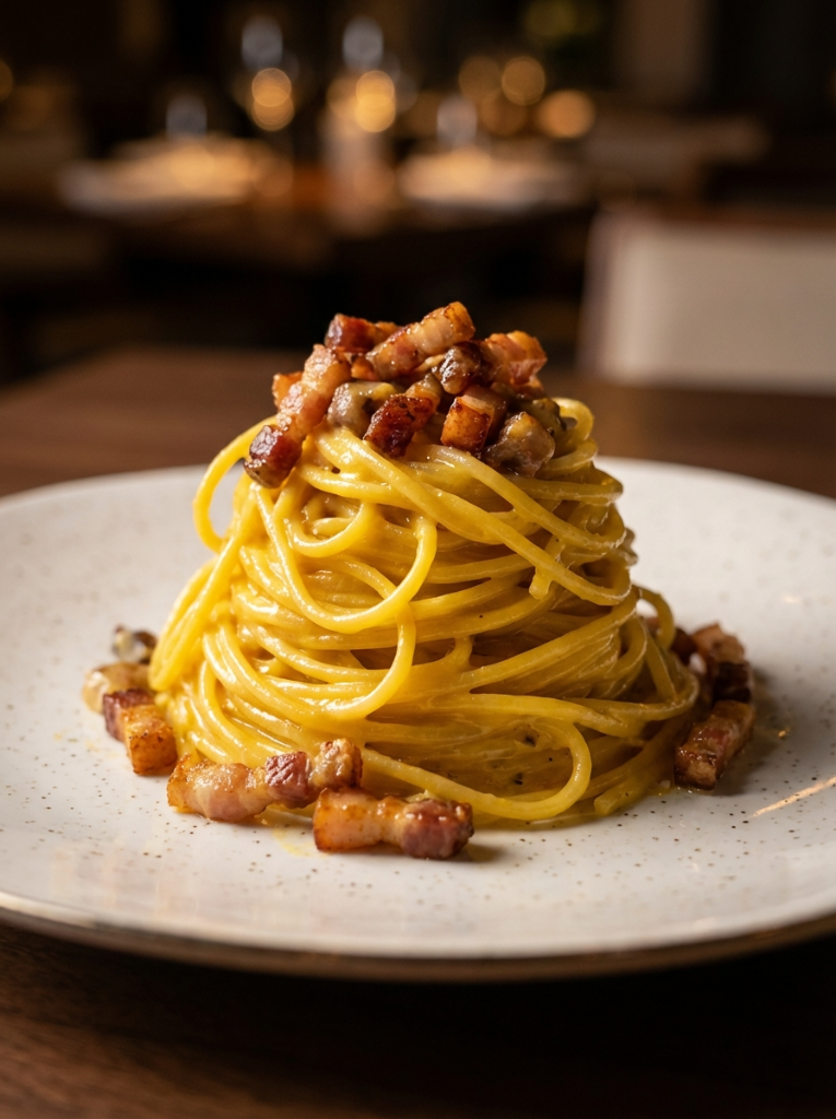 Espaguete à carbonara com pancetta crocante