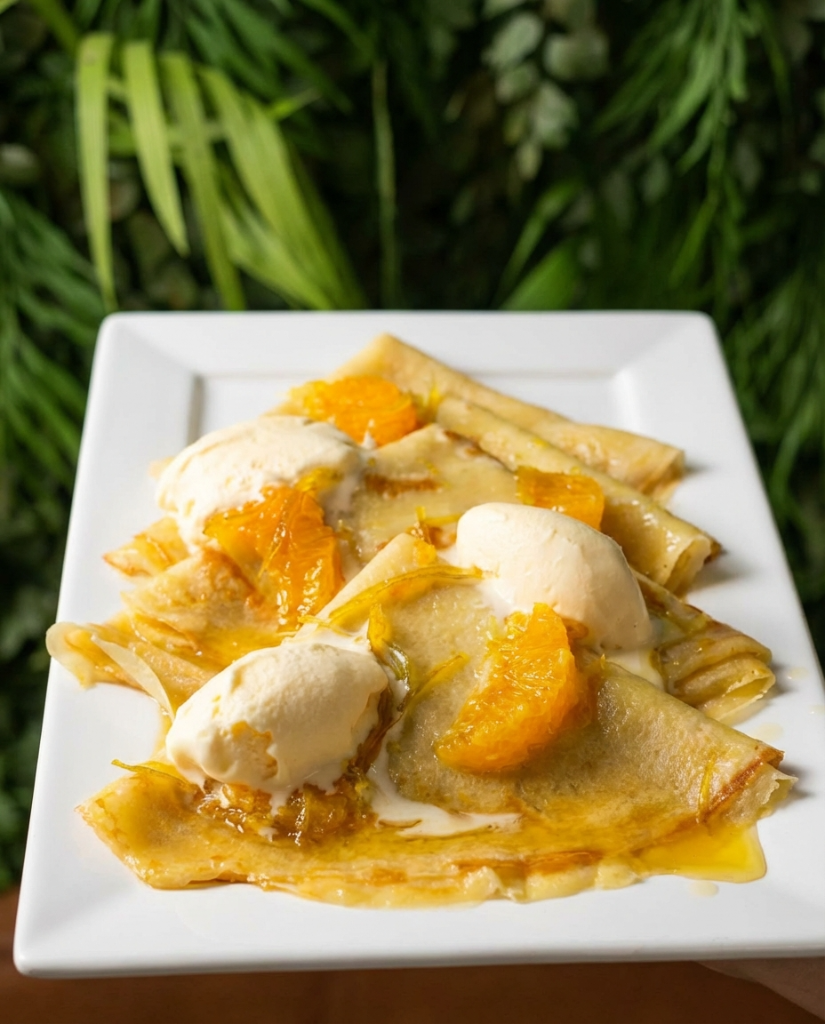 Crêpe Suzette com sorvete de baunilha