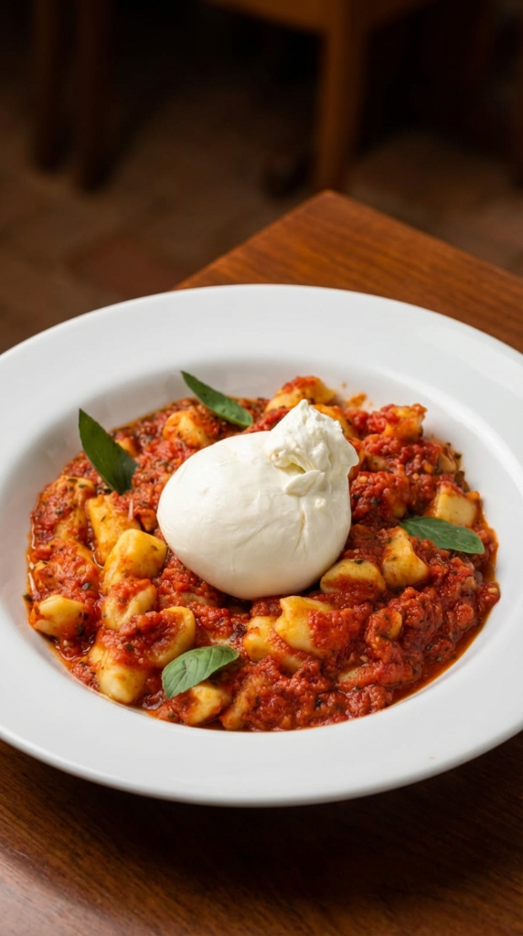 Gnocchi ao molho de tomate com burrata