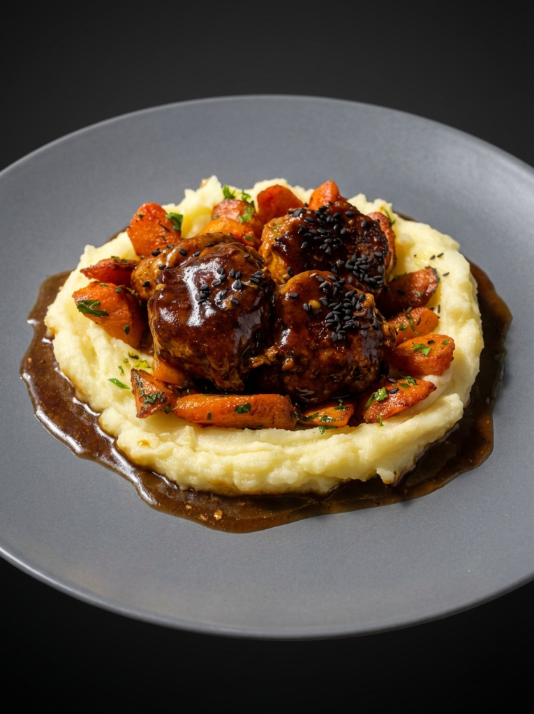 Medalhões glaceados sobre purê de batata com cenouras assadas