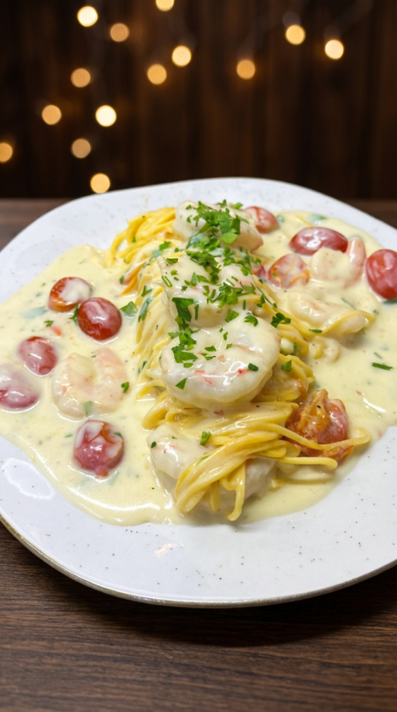 Pasta com camarão ao molho cremoso