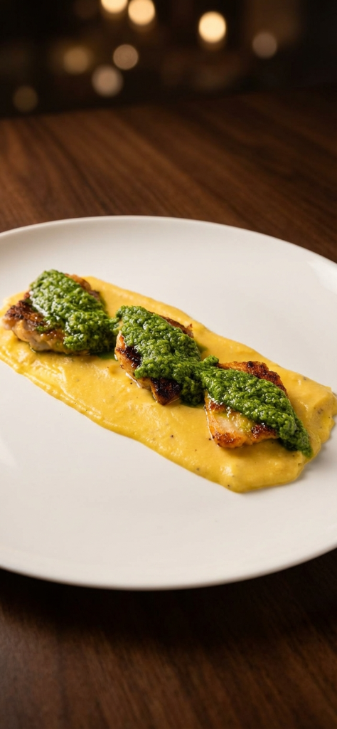 Peixe grelhado com pesto sobre purê de abóbora